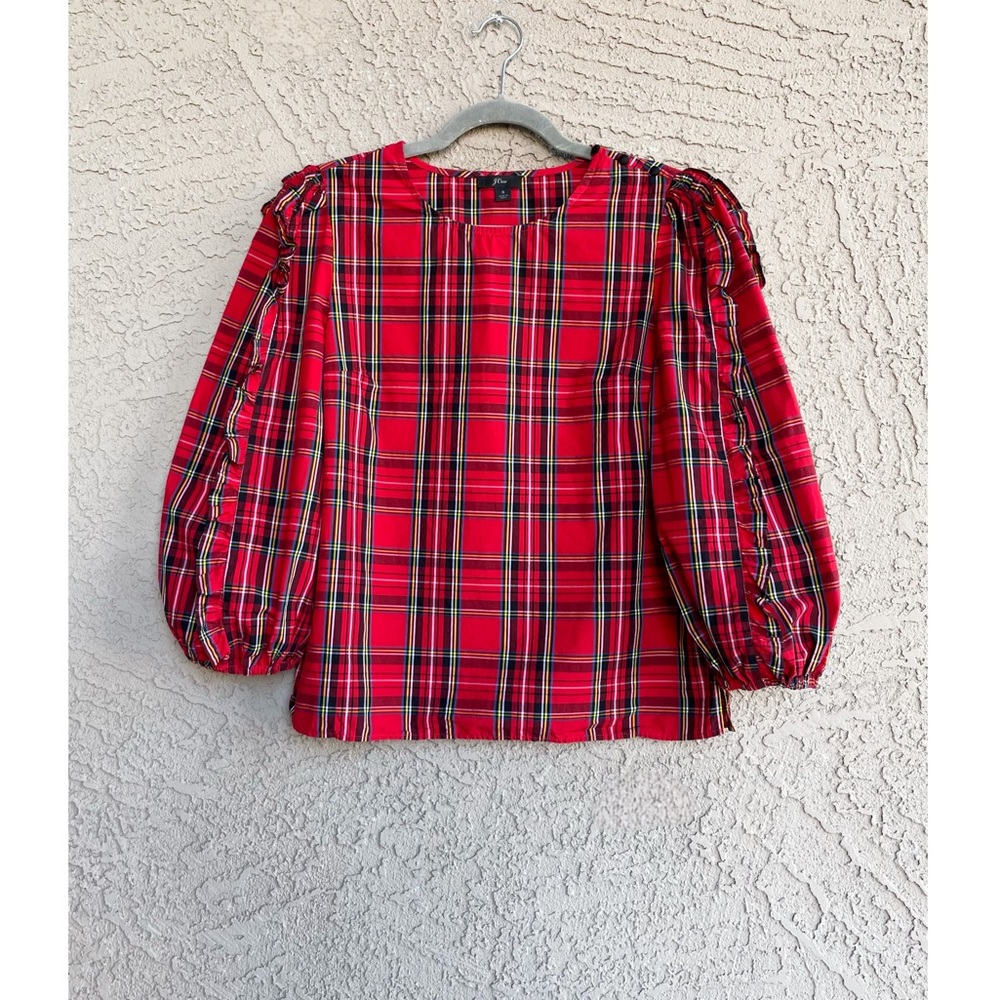 J. CREW Red Festive Stewart Tartan Plaid Ruffle Puff Sleeve Shirt Christmas Top